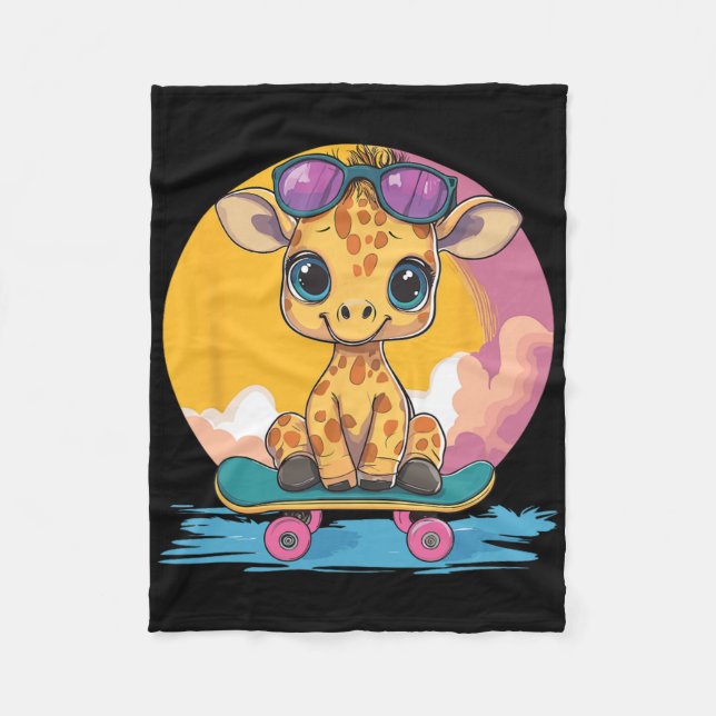 Cute Giraffe With Sungles Skateboard  Fleece Blanket (Front)