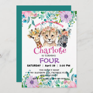 Cute Giraffe Zebra jungle Animals Birthday Floral Invitation