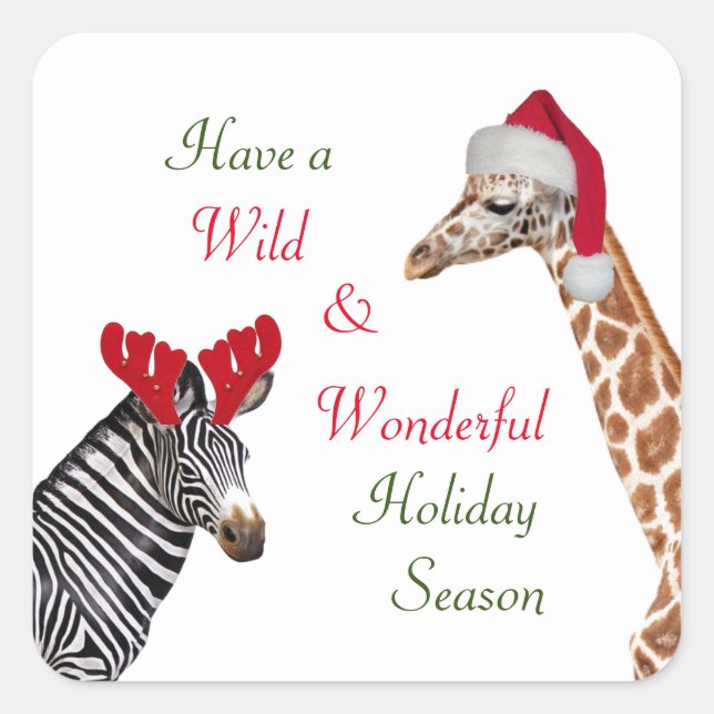 Cute Giraffe & Zebra Wild Christmas Square Sticker (Front)