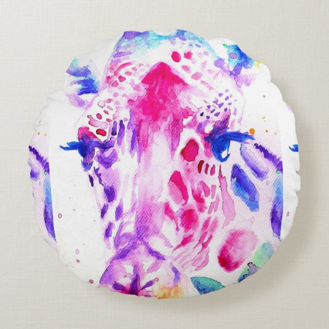 Cute Giraffe Zoo Animal Pattern Watercolor Round Cushion (Front)
