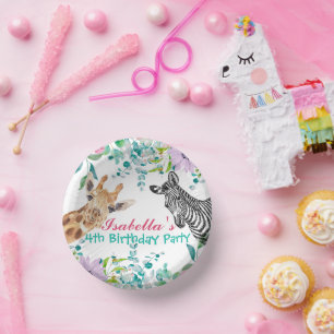 cute Giraffe zoo animals jungle Floral Birthday Paper Plate