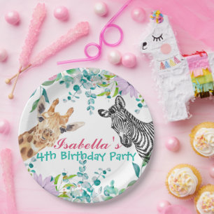 cute Giraffe zoo animals jungle Floral Birthday Paper Plate