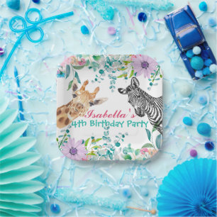 cute Giraffe zoo animals jungle Floral Birthday Paper Plate
