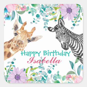 cute Giraffe zoo animals jungle Floral Birthday Square Sticker