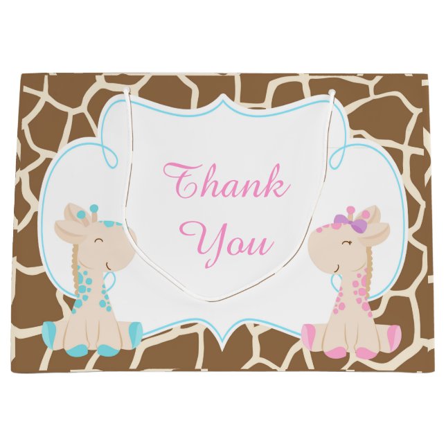 Cute Giraffes Baby Shower Thank You Large Gift Bag (Front)