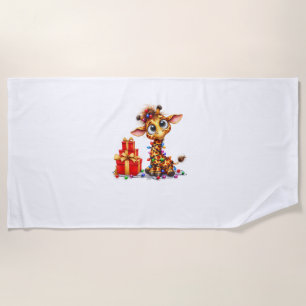 Cute Giraffes Christmas Lights Xmas Giraffe Beach Towel