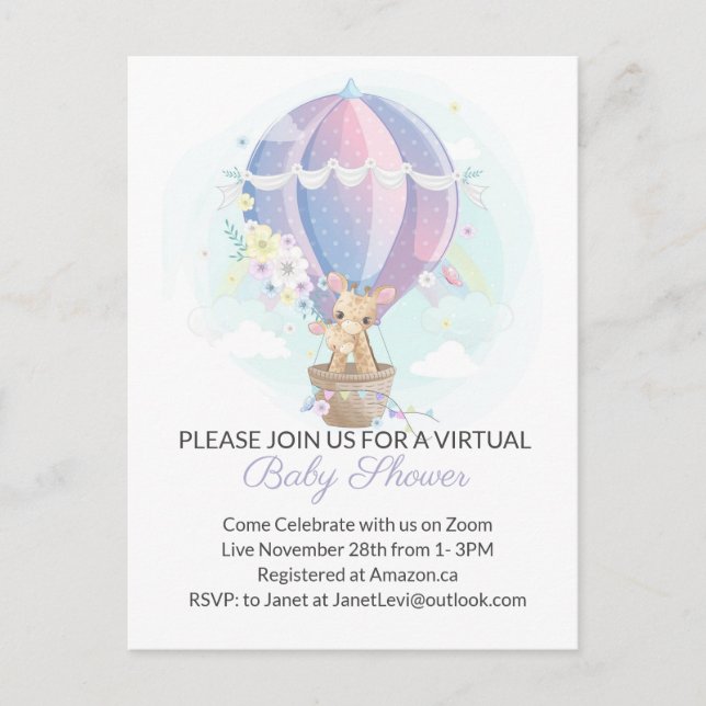 Cute Giraffes in Hot Air Balloon Baby Shower Postcard (Front)