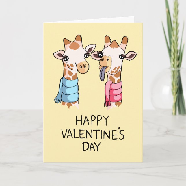 Cute Giraffes Scarves Drawing Valentine's Day Card (Front)
