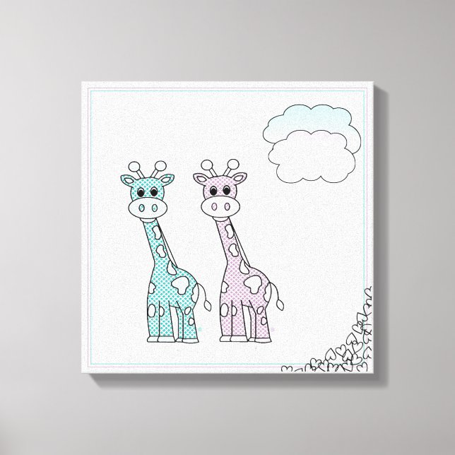 Cute Giraffes with Hearts and Clouds Canvas Print (Front)
