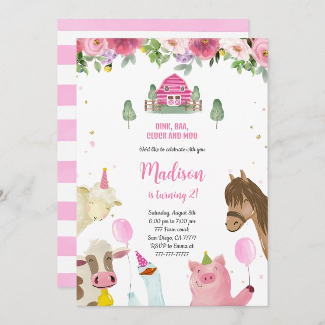 Cute Girl 2nd Farm Birthday Invitation (Front/Back)