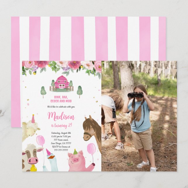 Cute Girl 2nd Farm Photo Birthday Invitation (Front/Back)