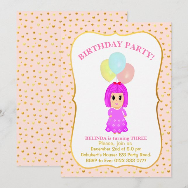 Cute Girl 3rd Birthday Invitation (Front/Back)