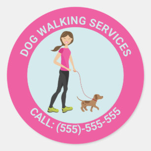 Cute Girl And A Brown Dog - Dog Walking Services Classic Round Sticker