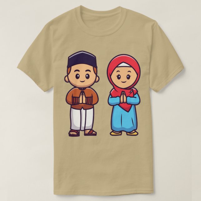 Cute Girl And Boy Moslem Celebrating Ied Mubarak C T-Shirt (Design Front)