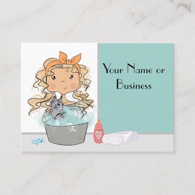 Cute Girl and Cat Bath Pet Grooming Business Card (Front)