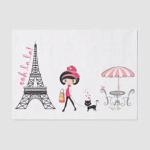 Cute Girl and Cat Eiffel Tower Paris Tissue Paper