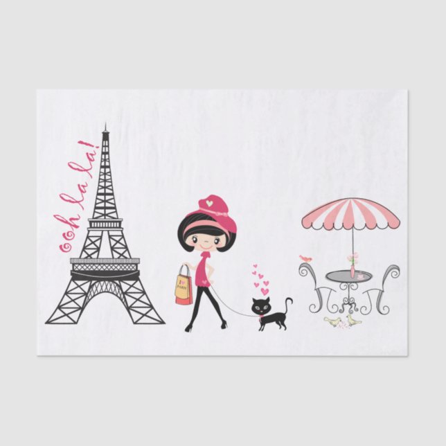 Cute Girl and Cat Eiffel Tower Paris Tissue Paper (Front)