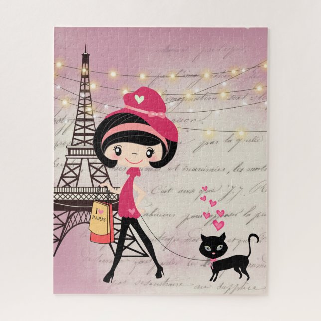 Cute Girl and Cat in Paris Eiffel Tower Jigsaw Puzzle (Vertical)