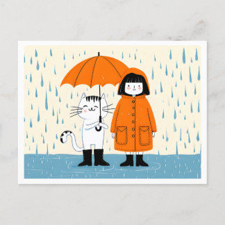Cute Girl and Cat in the Rain – Whimsical Postcard