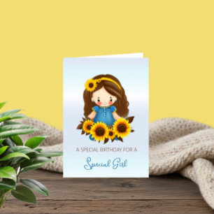 Cute Girl and Sunflowers Birthday Card