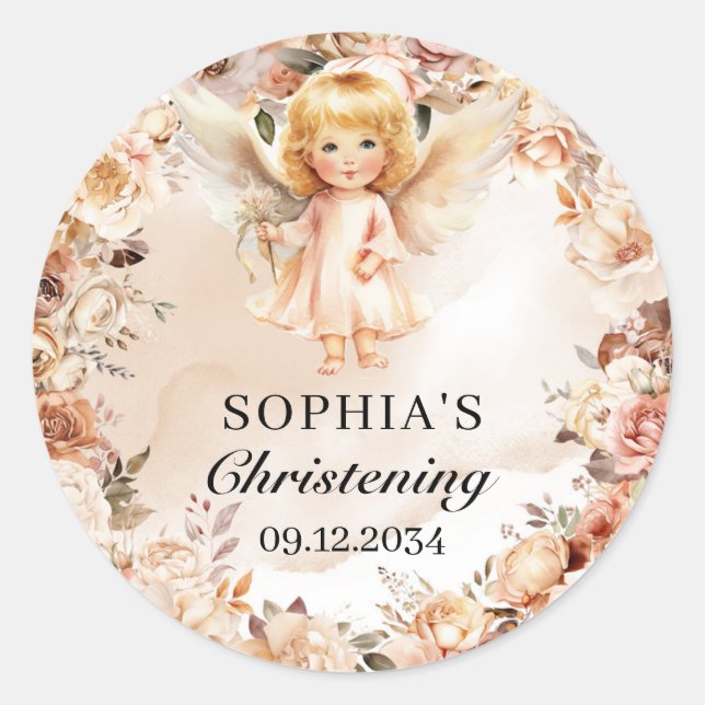 Cute girl angel blush and ivory flowers Baptism Classic Round Sticker (Front)