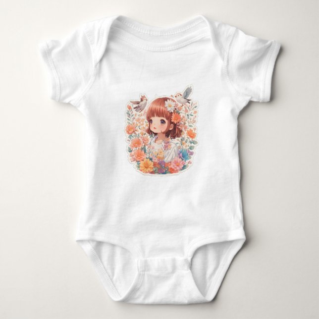 Cute Girl Anime in Sea of Flowers Baby Bodysuit (Front)