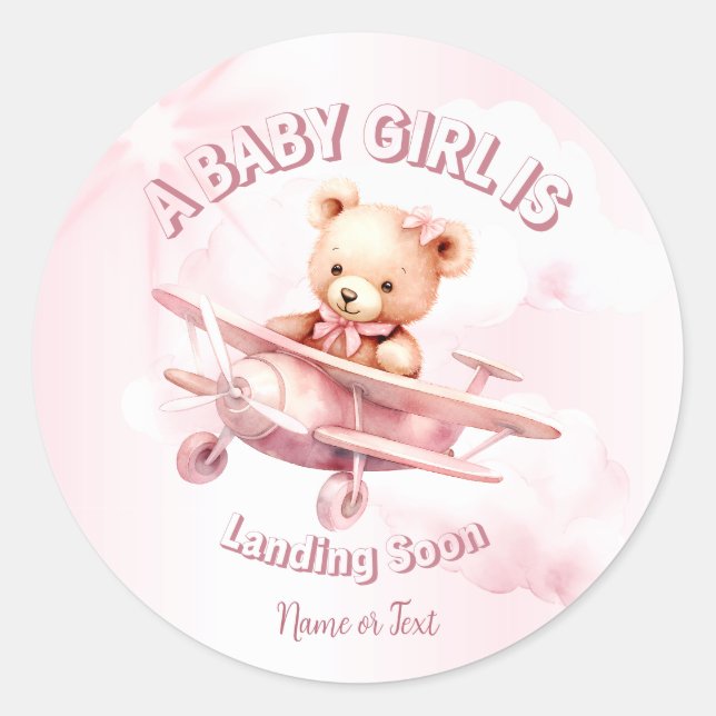 Cute Girl Baby Bear Pilot Pink Aeroplane Beautiful Classic Round Sticker (Front)