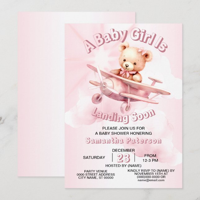 Cute Girl Baby Bear Pilot Pink Aeroplane Beautiful Invitation (Front/Back)
