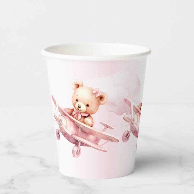 Cute Girl Baby Bear Pilot Pink Aeroplane Beautiful Paper Cups (Front)