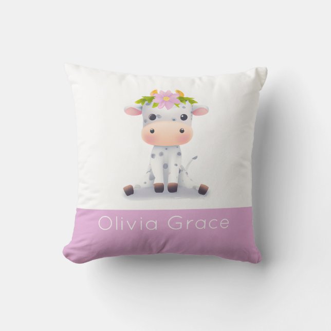 Cute Girl Baby Cow wearing a crown of flowers Name Cushion (Front)