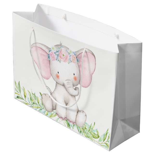 Cute Girl Baby Elephant Baby Shower Large Gift Bag (Back Angled)