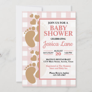 Cute Girl Baby Footprints with Hearts Shower Invitation