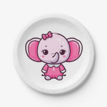 Cute Girl Baby Pink Elephant Paper Plate