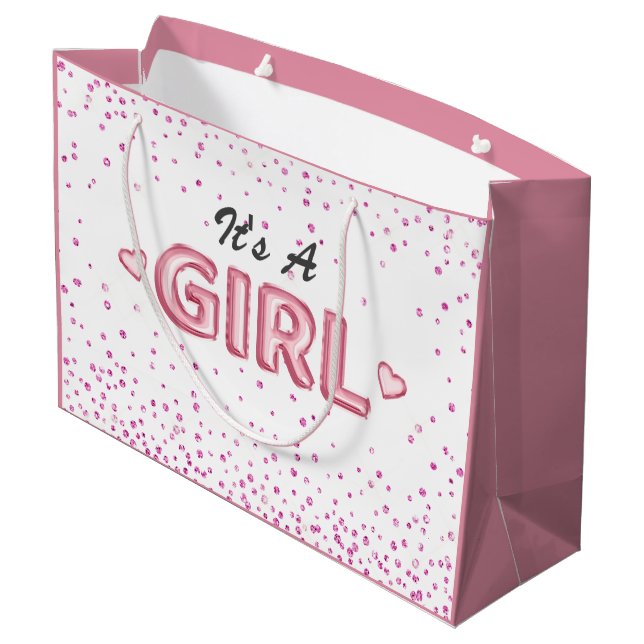 Cute girl baby shower pink white glitter heart large gift bag (Back Angled)