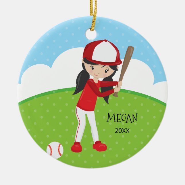 Cute Girl Baseball Personalised Christmas Ceramic Tree Decoration (Front)