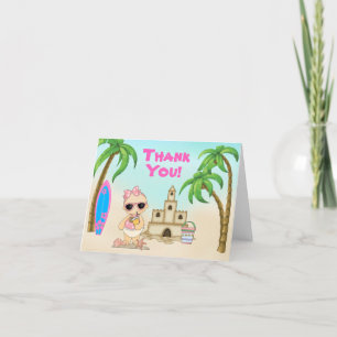 Cute Girl Beach Baby Sandcastle and Surfboard Thank You Card