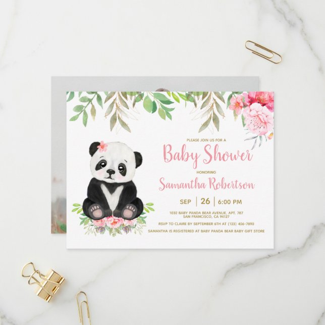 Cute Girl Bear Blush Pink Floral Baby Shower Photo Invitation Postcard (Front/Back In Situ)