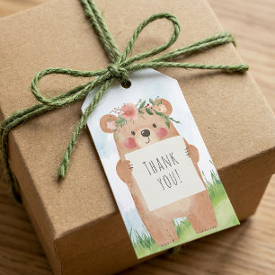 Cute girl Bear with Floral Crown Thank You Gift Tags