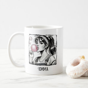 Cute Girl Blowing Pink Bubbles,Comic,Personalised  Coffee Mug