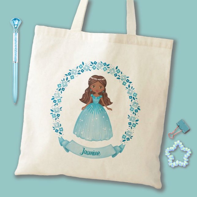 Cute Girl Blue Princess Tote Bag (A cute blue girls Princess tote bag. Personalize it with your girls name for a special gift.)