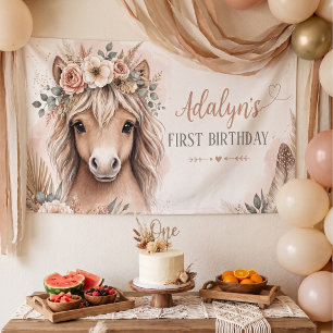 Cute Girl Boho Horse First Birthday Banner
