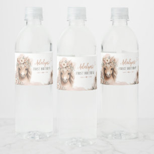 Cute Girl Boho Horse First Birthday Water Bottle Label