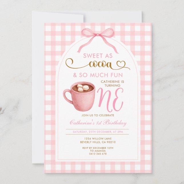 Cute Girl Bow Hot Cocoa 1st birthday Pink Gingham Invitation (Front)