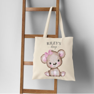 Cute Girl Brown Bear Monogrammed Baby Tote Bag