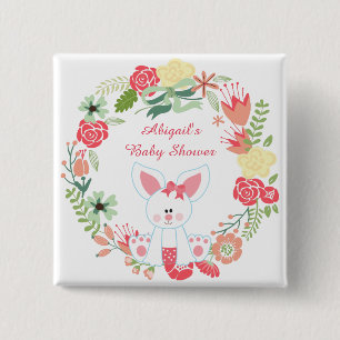 Cute Girl Bunny and Flower Wreath Baby Shower 15 Cm Square Badge