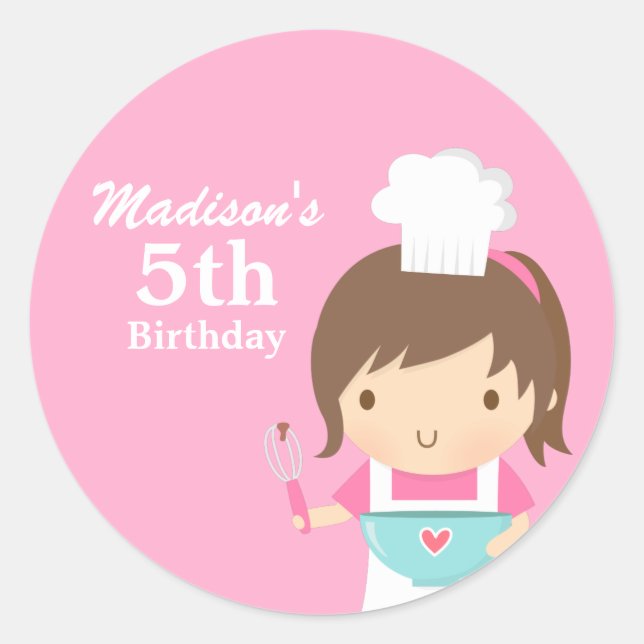 Cute Girl Chef Cooking Baking Birthday Party Classic Round Sticker (Front)