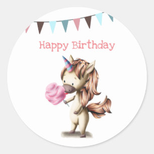 Cute Girl Cotton Candy Unicorn Birthday Party Classic Round Sticker