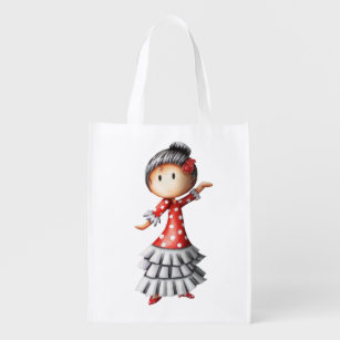 Cute Girl Dancing Sevillanas in Red Dot Dress Reusable Grocery Bag