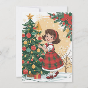 Cute Girl Decorating Tree Vintage Christmas Holiday Card
