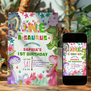 Cute Girl Dinosaur 1st Birthday Invitation